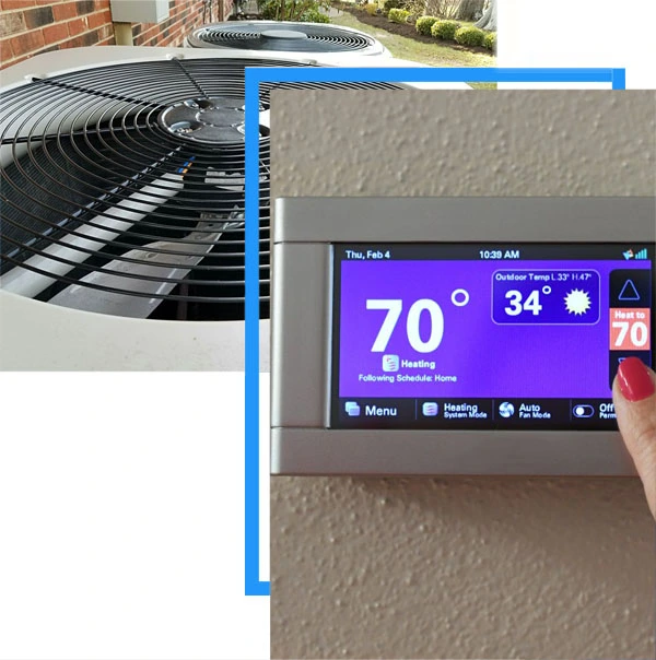 Collage picture featuring an AC unit and thermostat displaying temperature, representing FAQs about air conditioning units and temperature control.